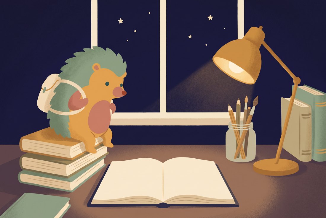 Ein Schreibtisch am Abend mit Lampe, Bücherstapel und Stiften